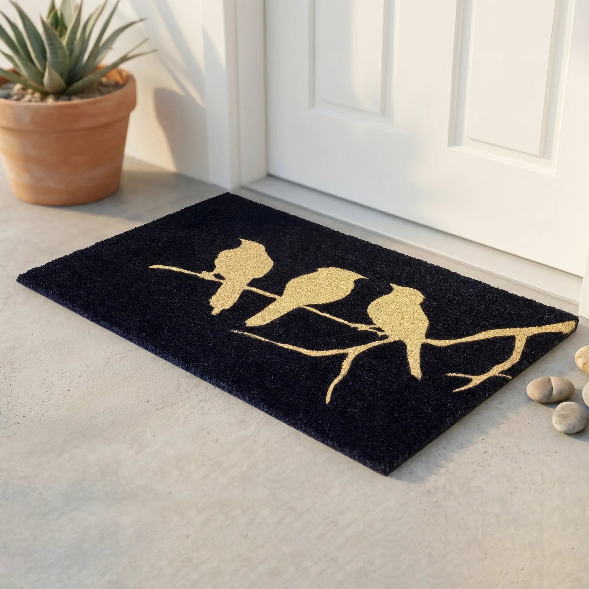 Birds On Branch - Black Coir Doormat by Fab Habitat