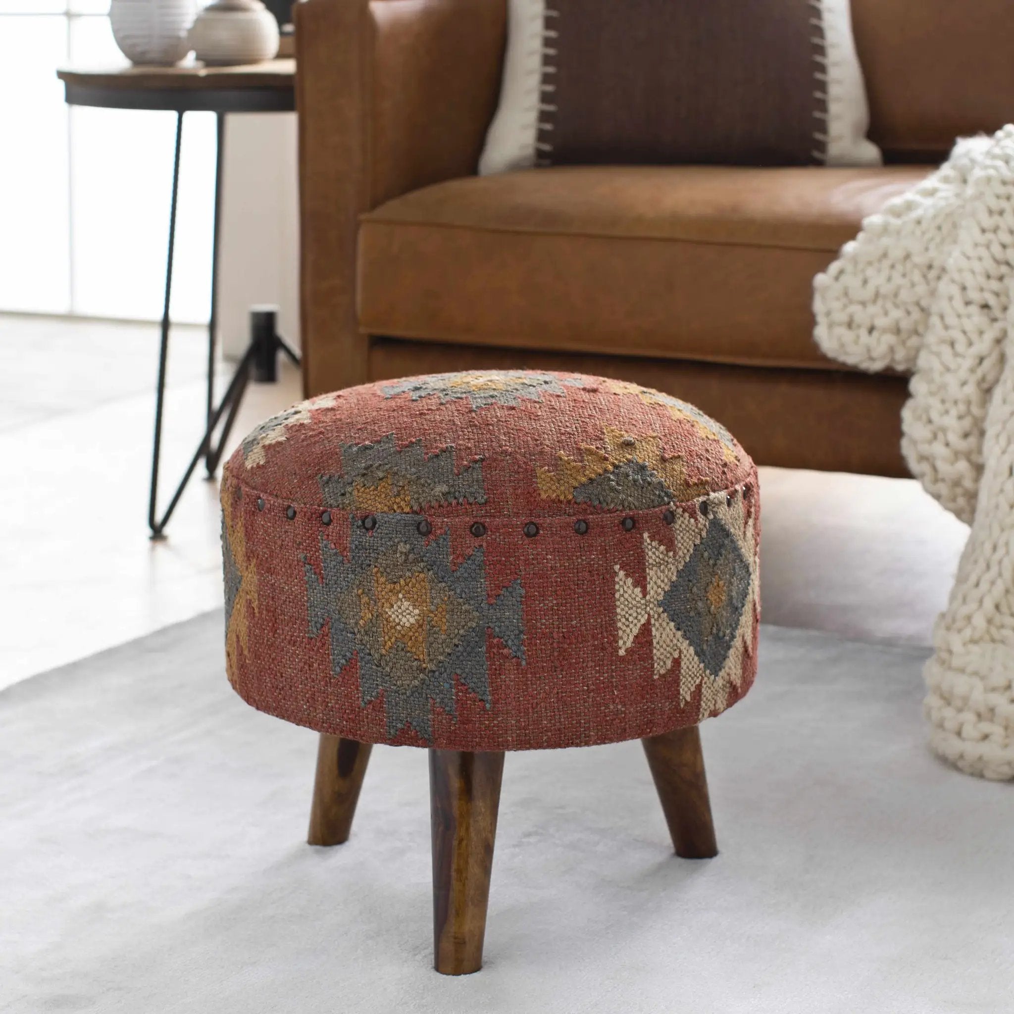 Brick Red Wood Frame Ottoman Stool by Boutique Rugs