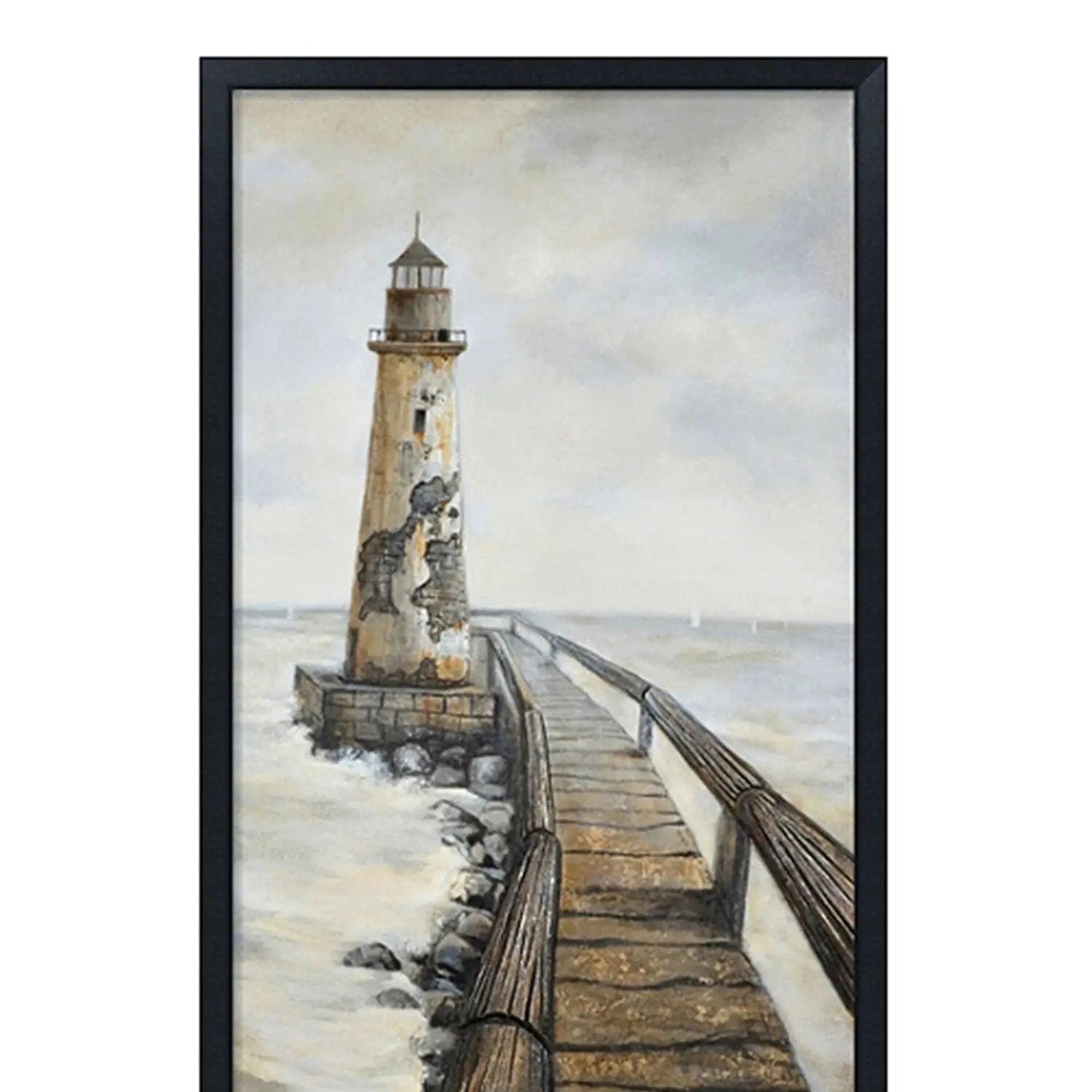 Hand Painted Acrylic Wall Art Vintage Light House 32 x 71 Rectangular Canvas with a Black Wooden Frame by Sharicks