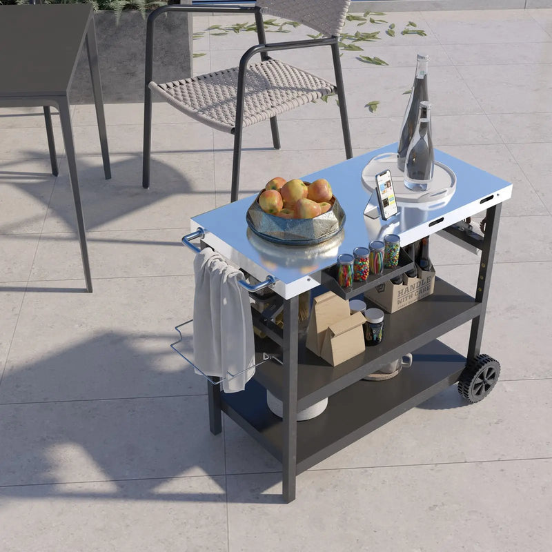 3 Tiers Foldable Outdoor Cart on 2 Wheels with Phone Holder-Black by DirectDeals