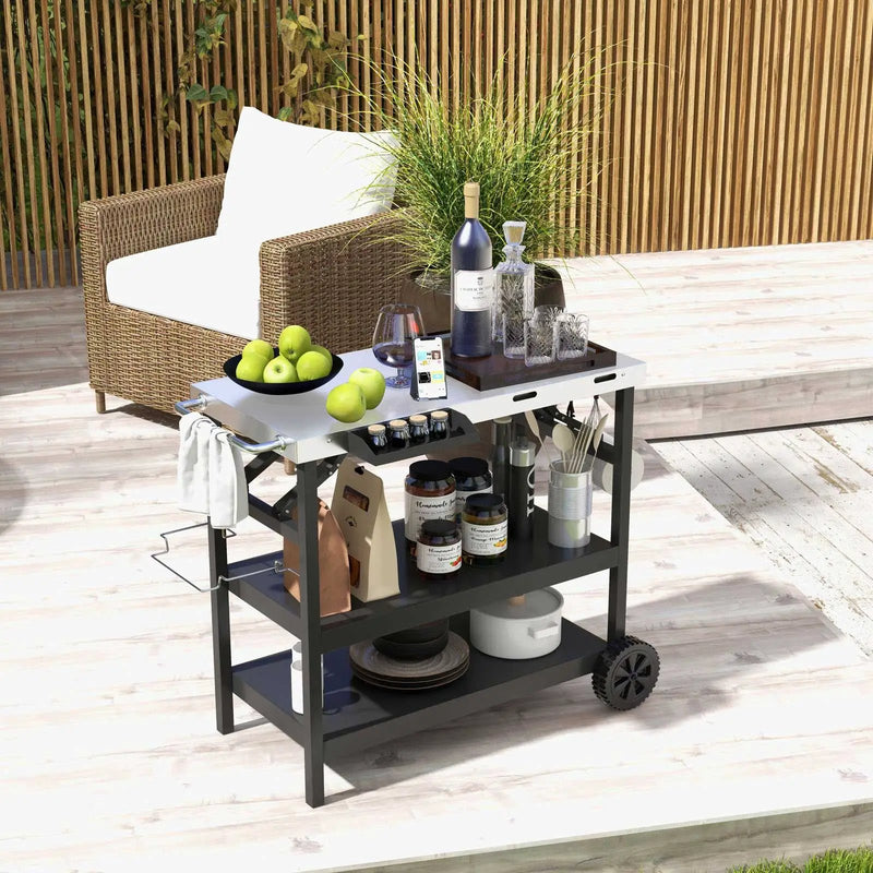 3 Tiers Foldable Outdoor Cart on 2 Wheels with Phone Holder-Black by DirectDeals