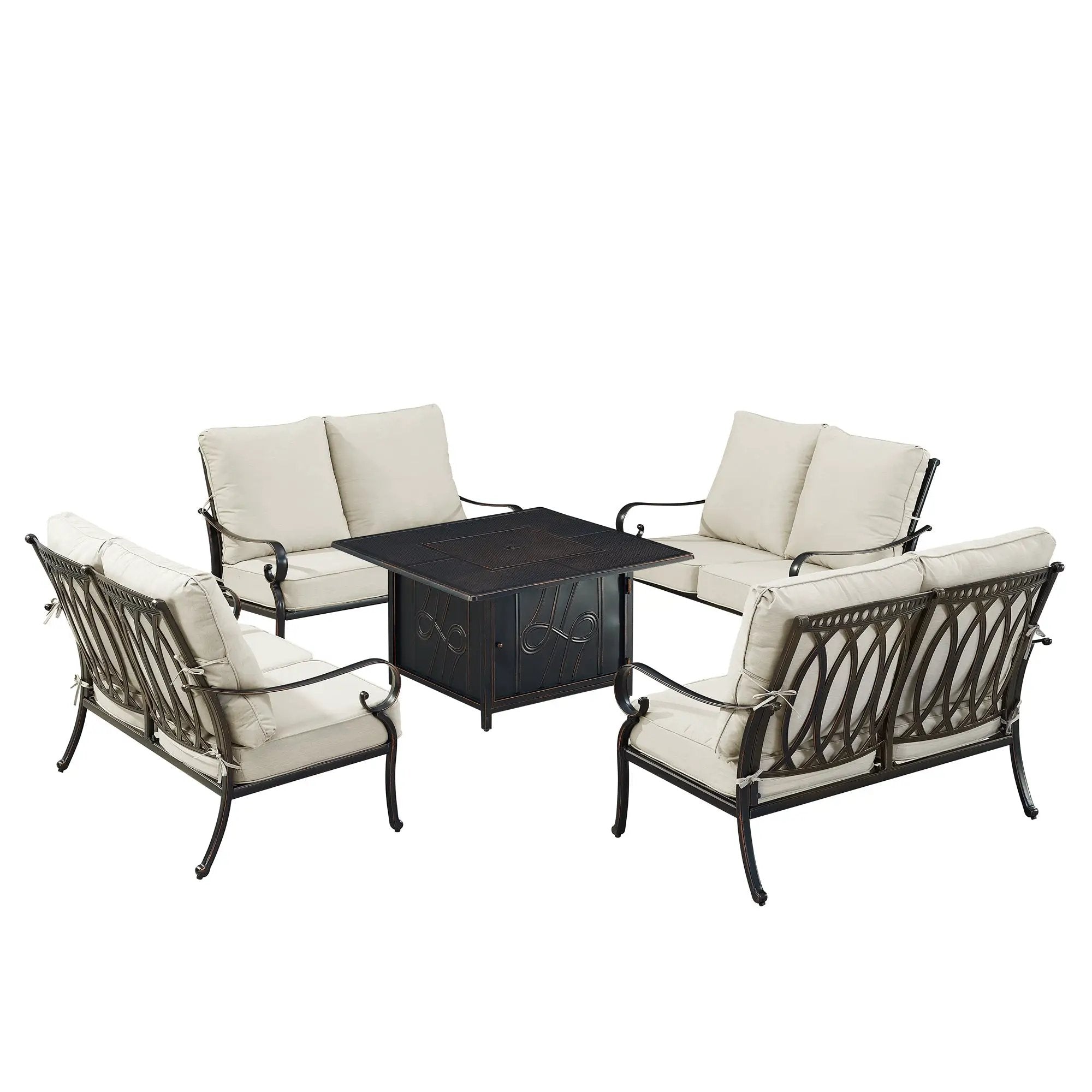 Black Aluminum Fire Table Set with Four Deep Seating Loveseats by Sharicks