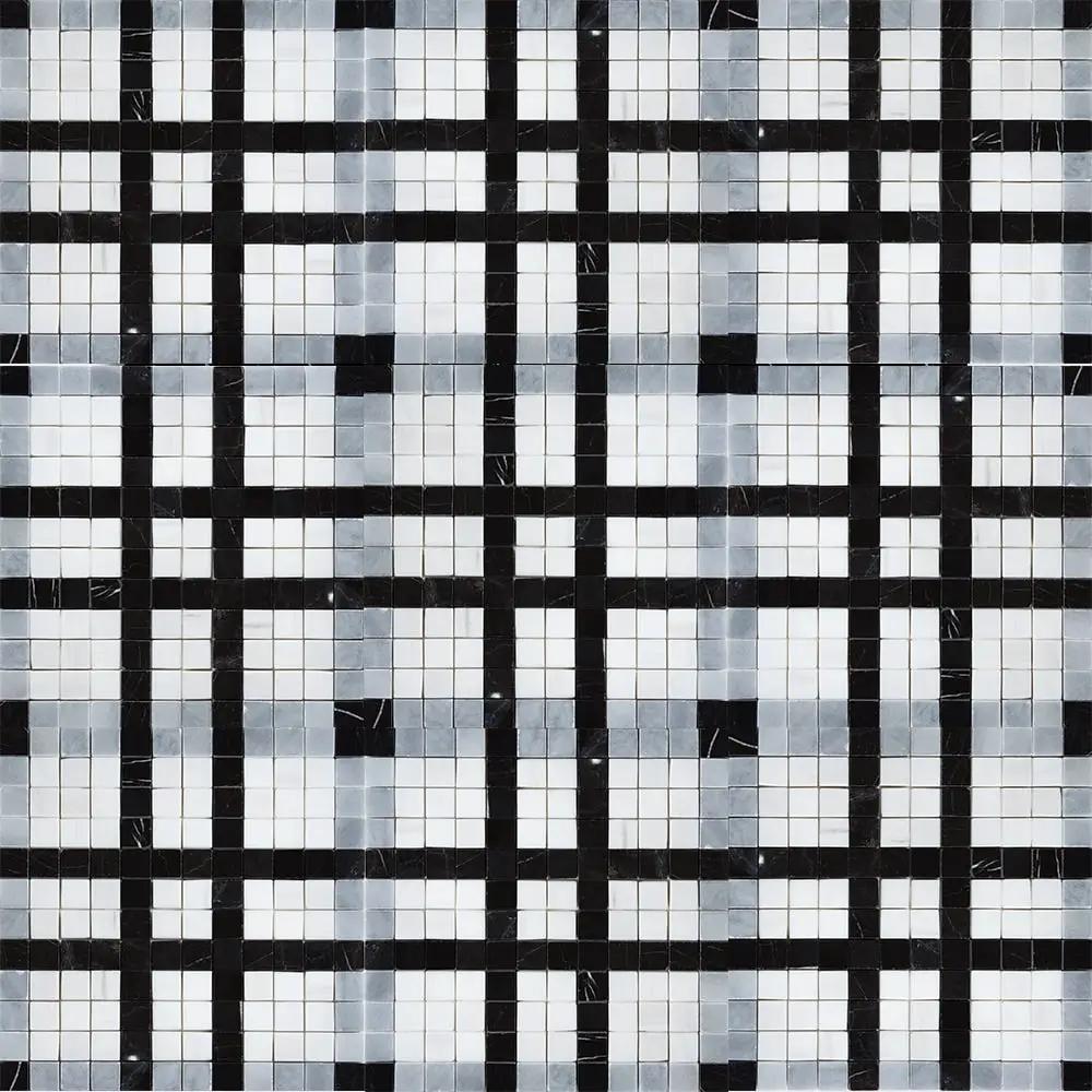 Black, Bianco Dolomiti, Afyon Gray Multi Finish Checker Marble Mosaics 12x12 closeup 1
