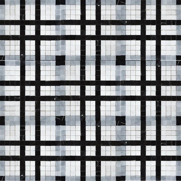 Black, Bianco Dolomiti, Afyon Gray Multi Finish Checker Marble Mosaics 12x12 closeup 1