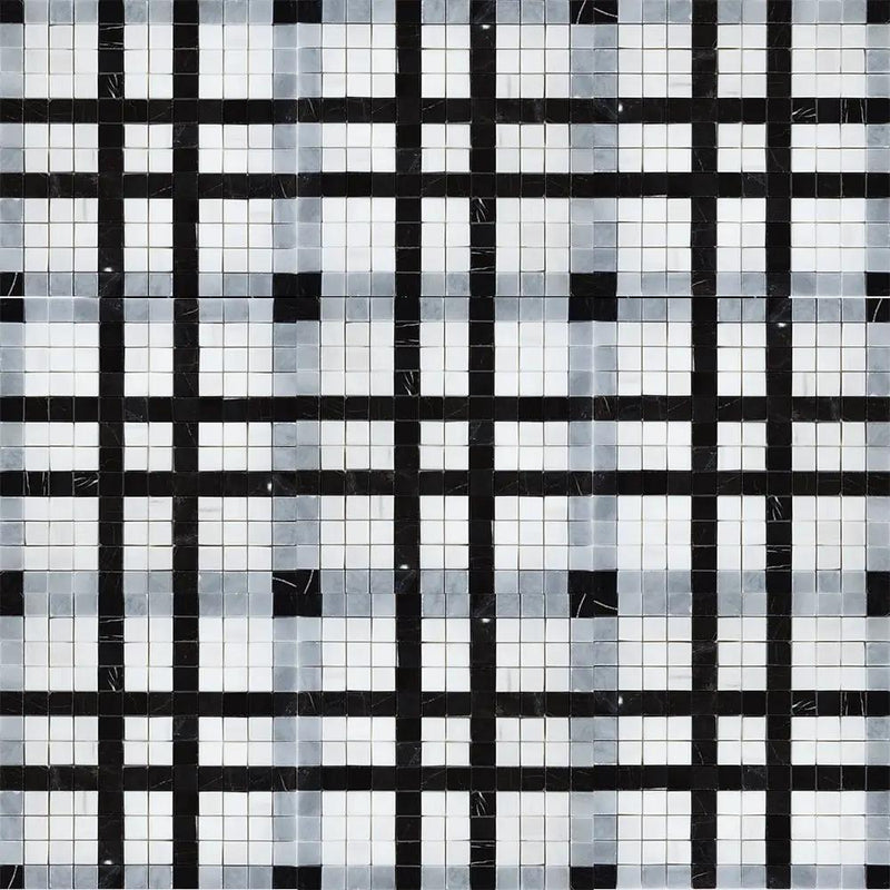 Black, Bianco Dolomiti, Afyon Gray Multi Finish Checker Marble Mosaics 12x12 closeup 1