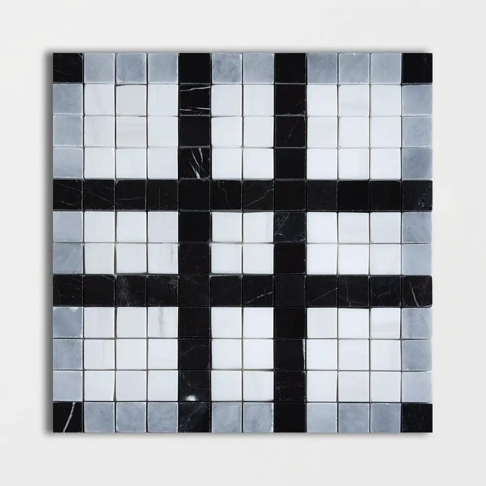 Black, Bianco Dolomiti, Afyon Gray Multi Finish Checker Marble Mosaics 12x12