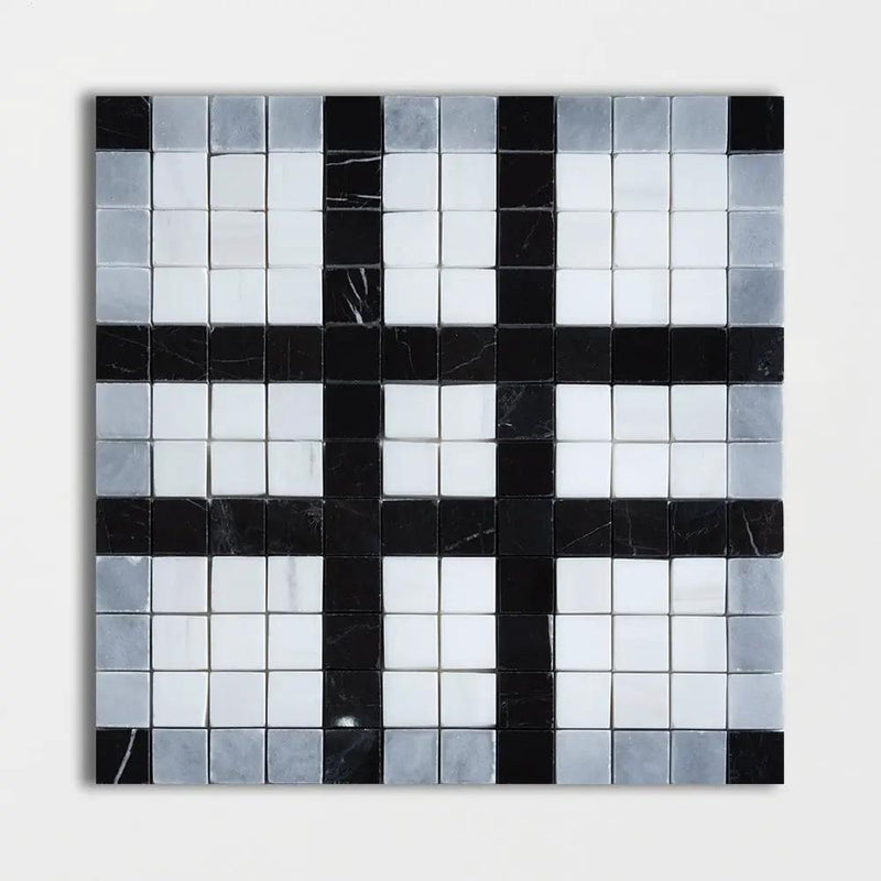 Black, Bianco Dolomiti, Afyon Gray Multi Finish Checker Marble Mosaics 12x12
