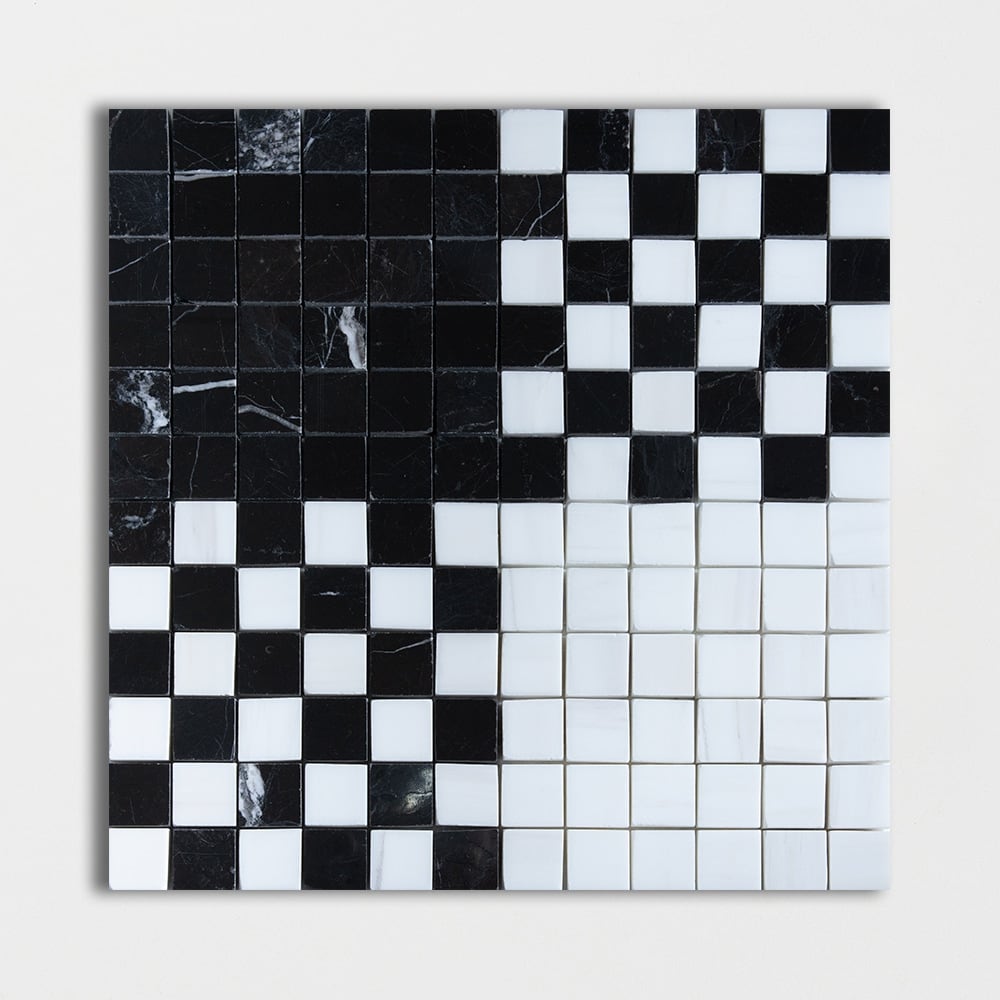 Black, Bianco Dolomiti Multi Finish Checker And Solid Marble Mosaics 12x12 Marble Multi Finish 12x12 Mosaics