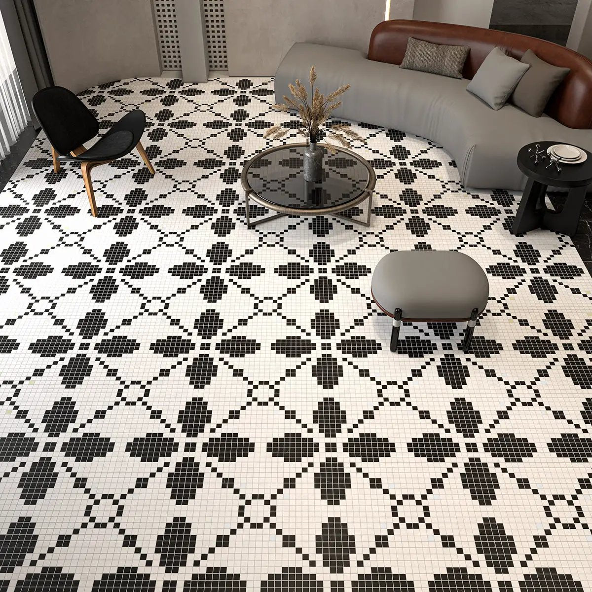 Black, Bianco Dolomiti Multi Finish Ziggurat Marble Mosaics 12x12 room scene