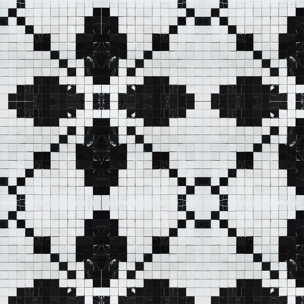 Black, Bianco Dolomiti Multi Finish Ziggurat Marble Mosaics 12x12 closeup 1