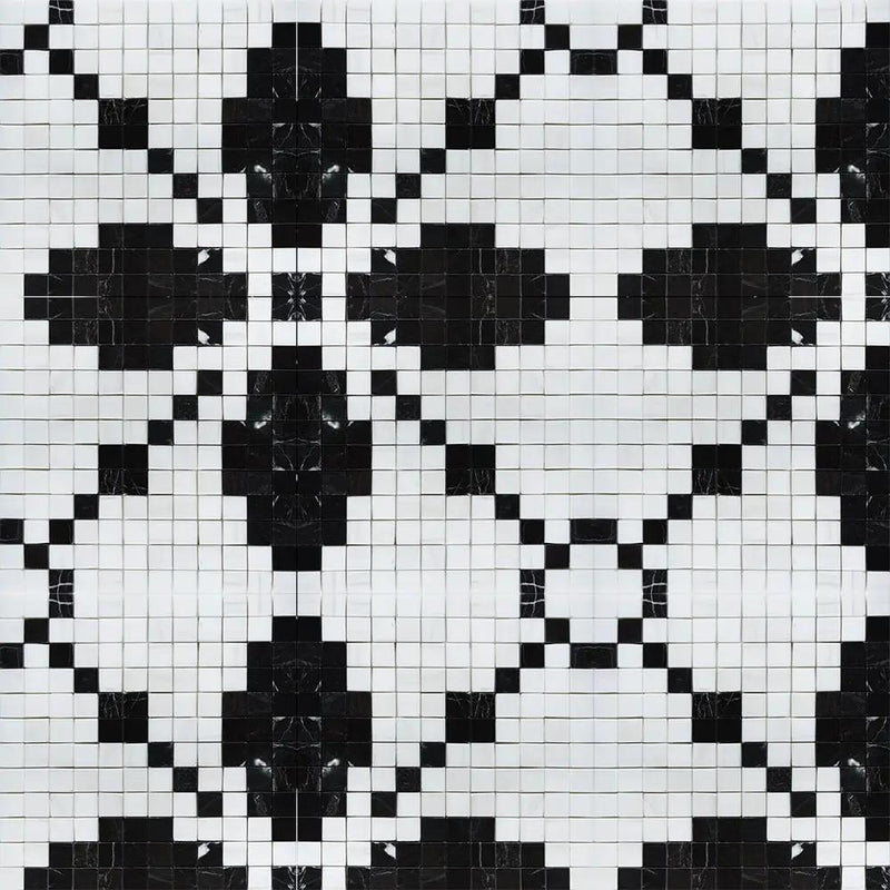 Black, Bianco Dolomiti Multi Finish Ziggurat Marble Mosaics 12x12 closeup 1