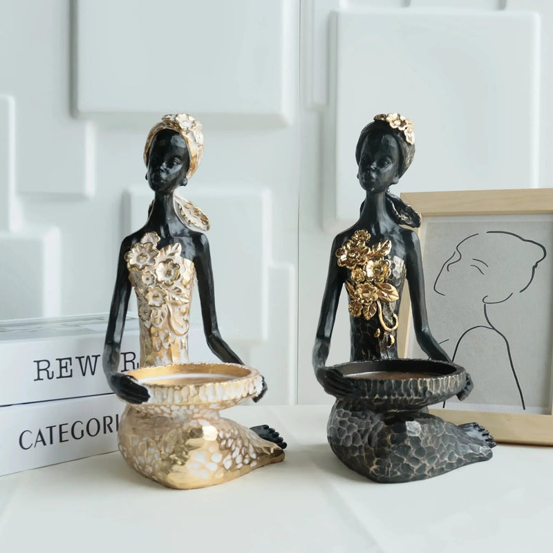 African Woman Figurine Bowl Holder Decorative Statue by House Of Avana