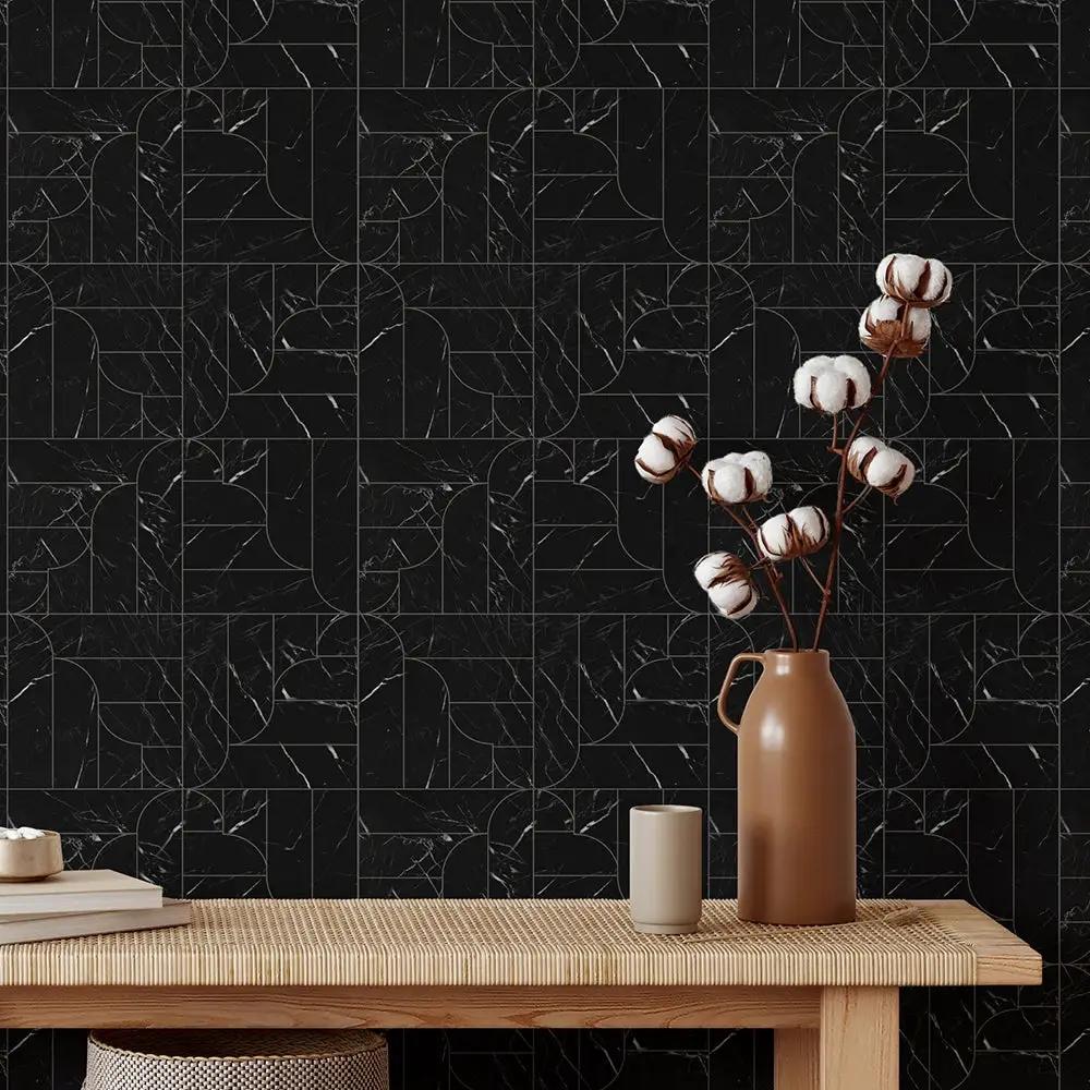 Black Honed Desing Bm 104 Waterjet Marble Mosaics 12x12 room scene