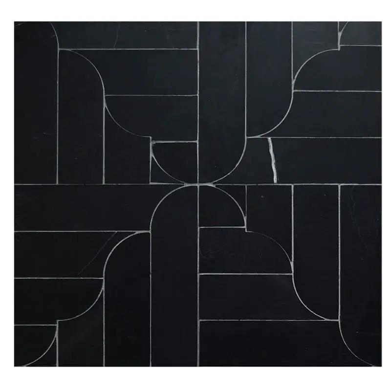 Black Honed Desing Bm 104 Waterjet Marble Mosaics 12x12
