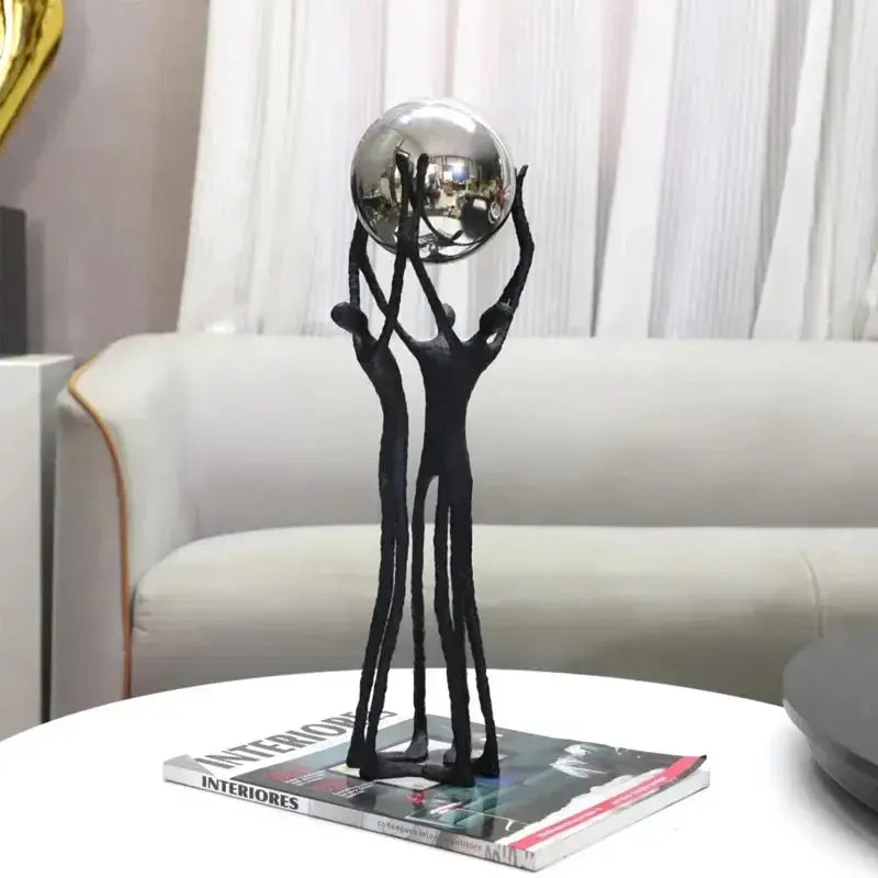 Black Iron Figure Sculpture with Silver Sphere for Your Modern Home by House Of Avana