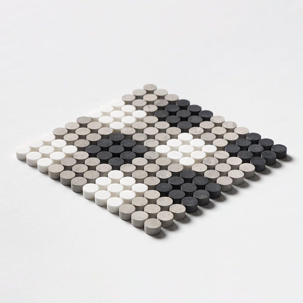 Black, Thala Gray, Bianco Dolomiti Honed Penny Round Plaid 1 Marble Mosaics 9 27/32x9 27/32 Marble Honed 12x12 Mosaics — 2