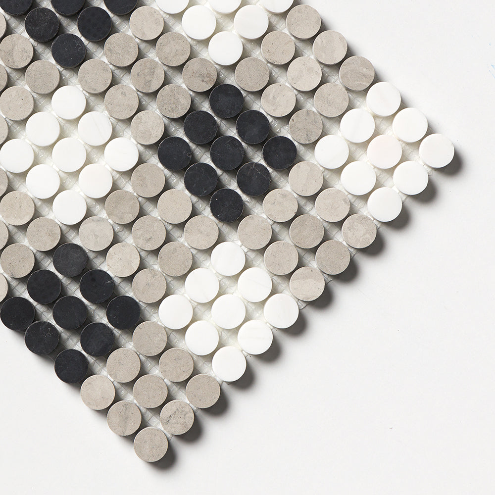 Black, Thala Gray, Bianco Dolomiti Honed Penny Round Plaid 1 Marble Mosaics 9 27/32x9 27/32 Marble Honed 12x12 Mosaics — 3