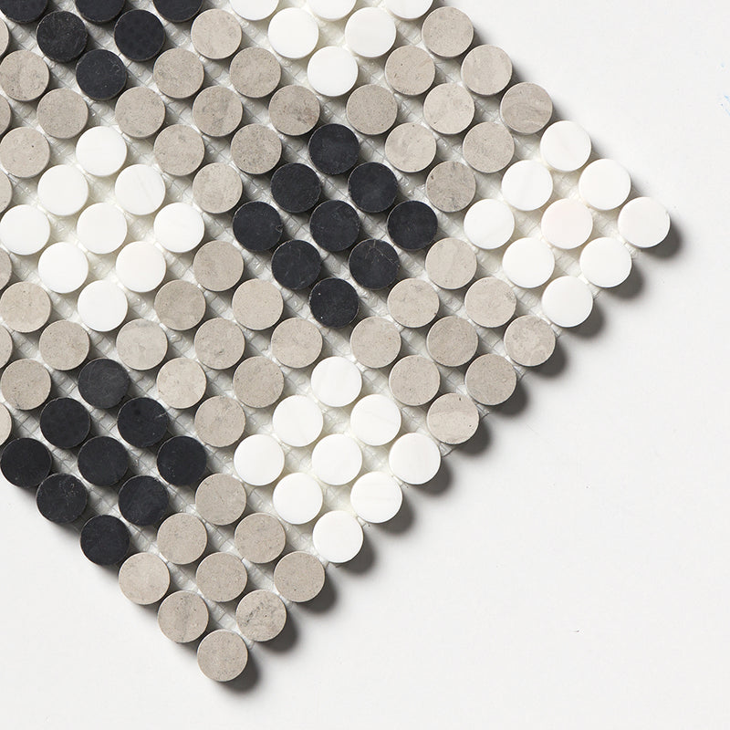 Black, Thala Gray, Bianco Dolomiti Honed Penny Round Plaid 1 Marble Mosaics 9 27/32x9 27/32 Marble Honed 12x12 Mosaics — 3