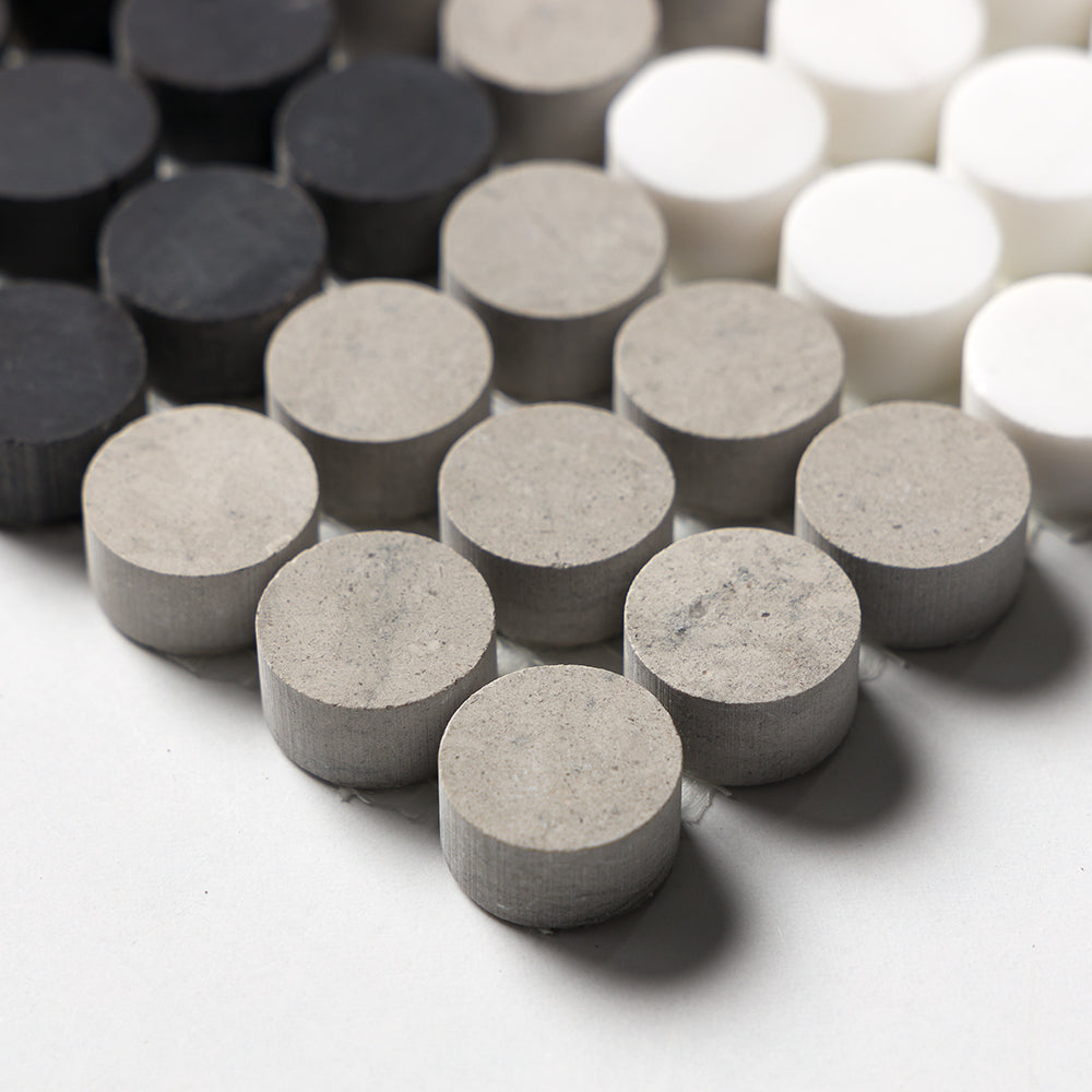 Black, Thala Gray, Bianco Dolomiti Honed Penny Round Plaid 1 Marble Mosaics 9 27/32x9 27/32 Marble Honed 12x12 Mosaics — 4