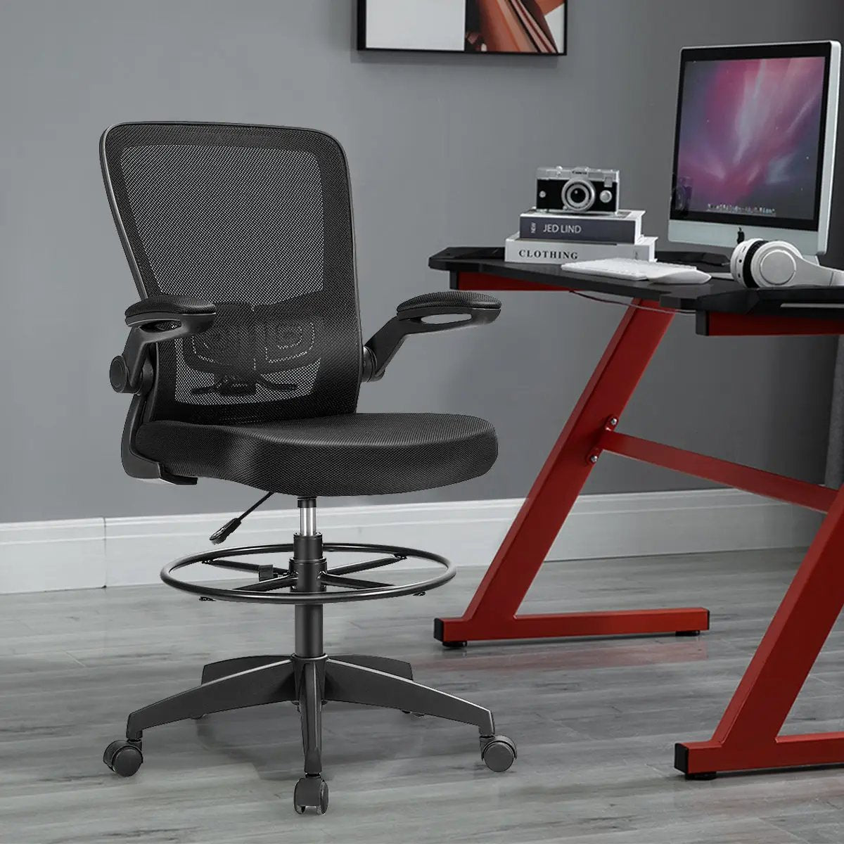 Height Adjustable Drafting Chair with Flip Up Arms by DirectDeals