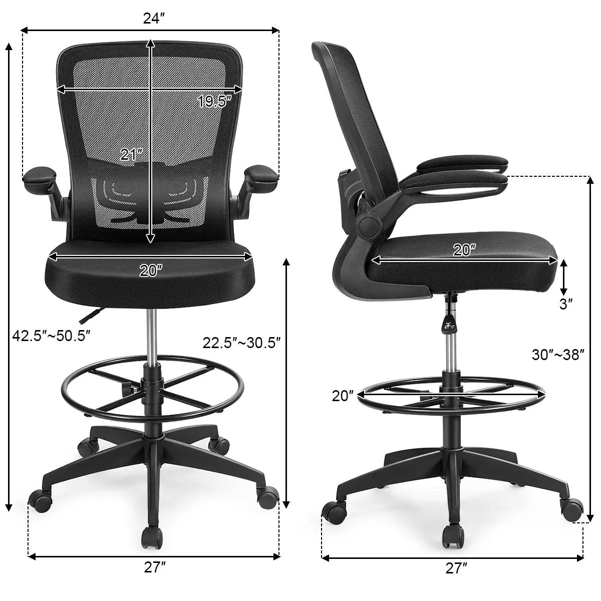 Height Adjustable Drafting Chair with Flip Up Arms by DirectDeals