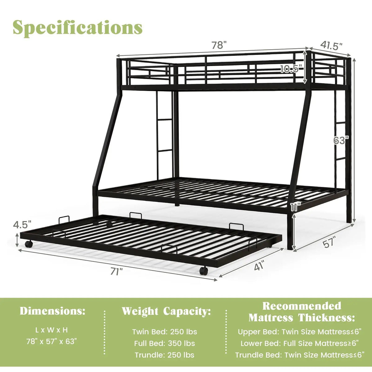 Twin Over Full Bunk Bed Frame with Trundle for Guest Room by DirectDeals