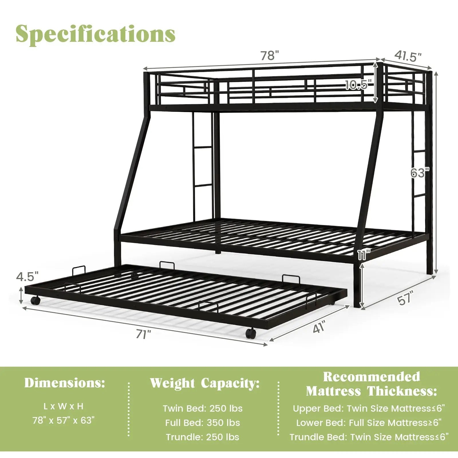 Twin Over Full Bunk Bed Frame with Trundle for Guest Room by DirectDeals