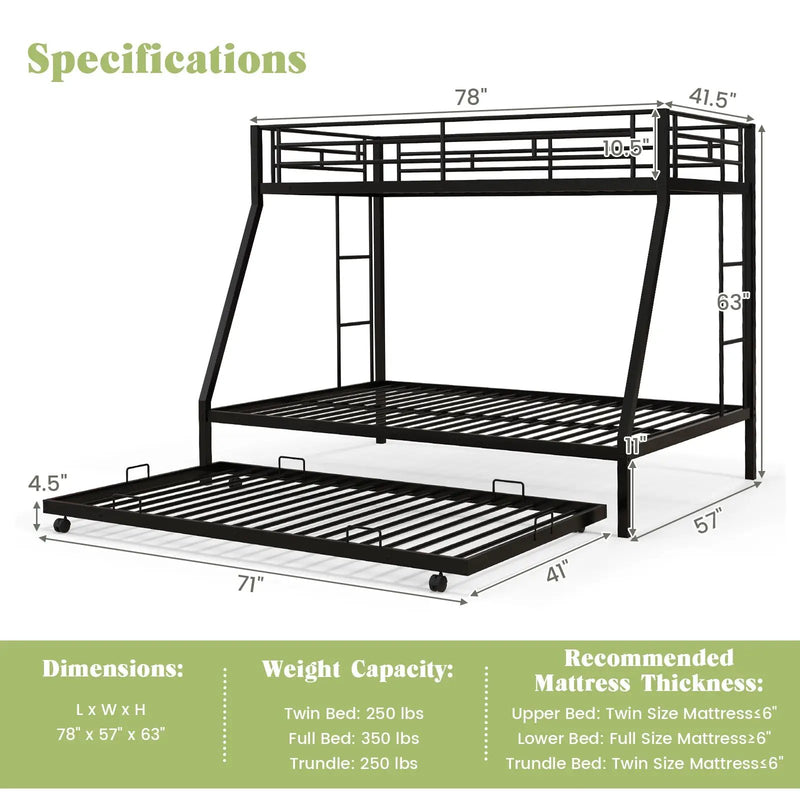 Twin Over Full Bunk Bed Frame with Trundle for Guest Room by DirectDeals