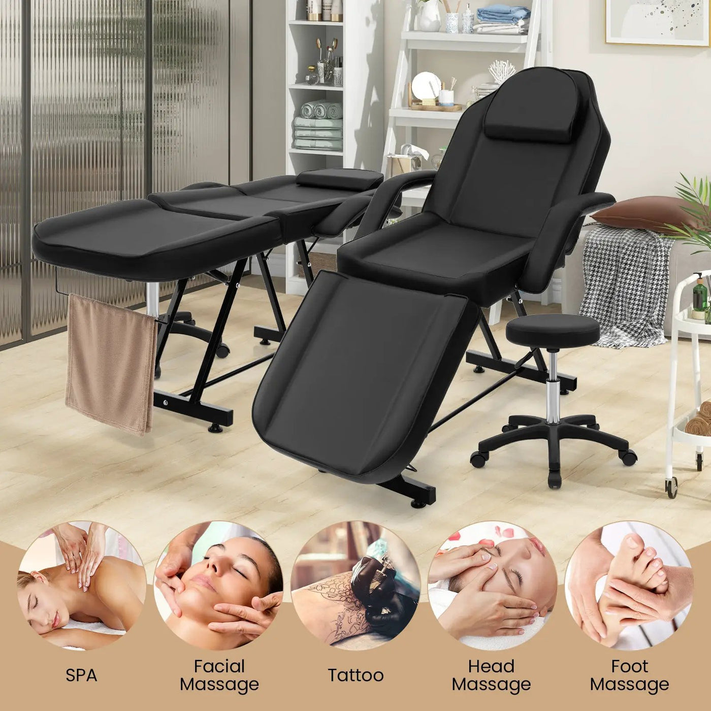73 Inch Facial Chair Set with Removable Headrest Detachable Armrests and Towel Rack-Black by DirectDeals