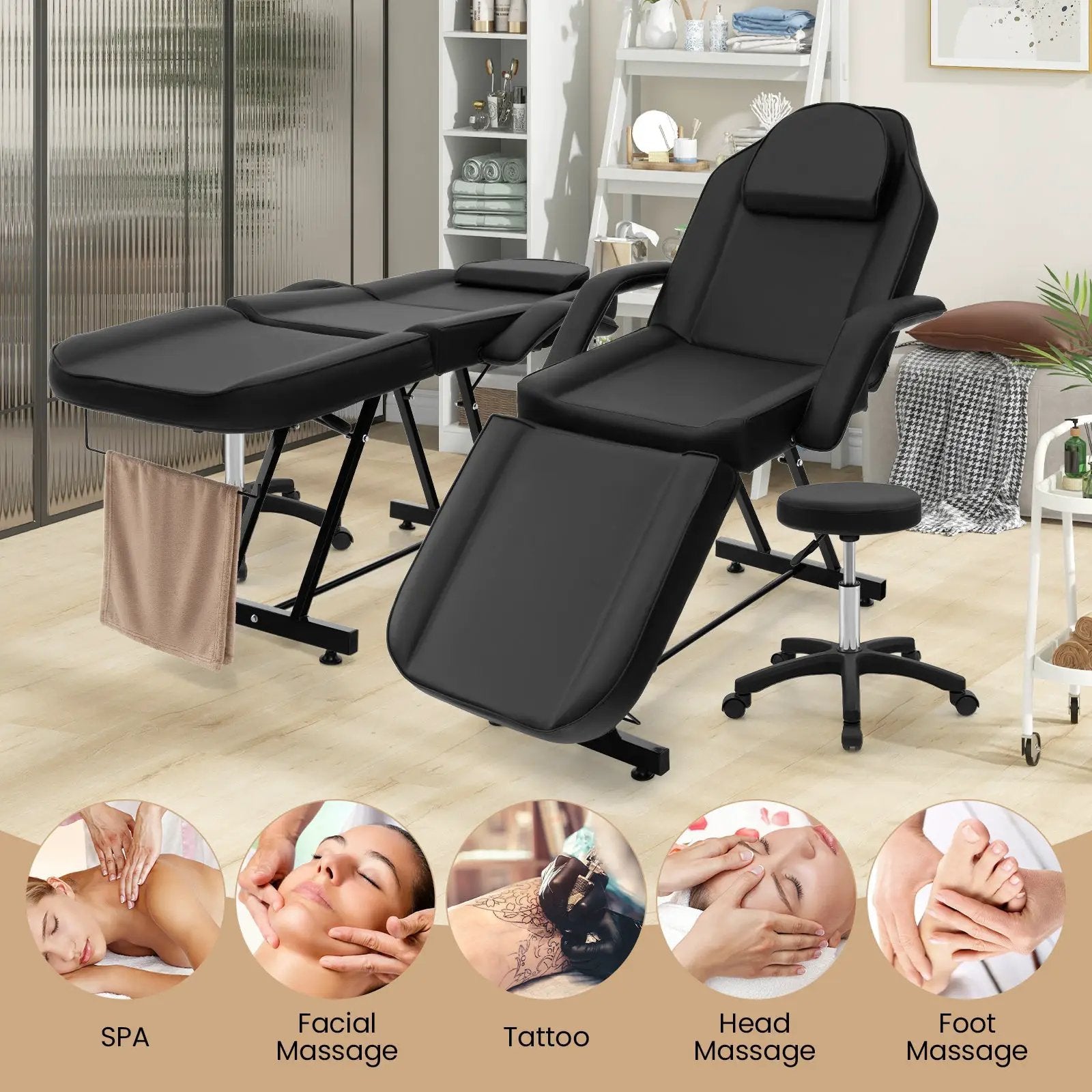 73 Inch Facial Chair Set with Removable Headrest Detachable Armrests and Towel Rack-Black by DirectDeals