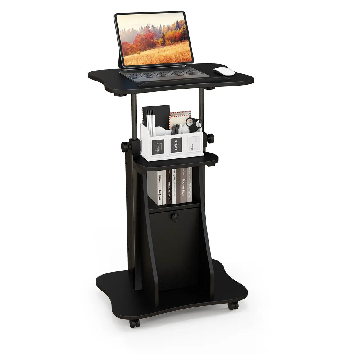 Adjustable Mobile Standing Desk Cart with Tilt Desktop and Cabinet by DirectDeals