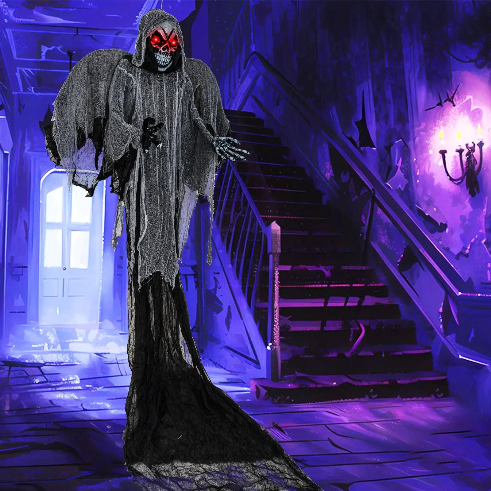 12.1 Ft Skeleton Ghost with Flickering Red Eyes and Scary Sounds by DirectDeals