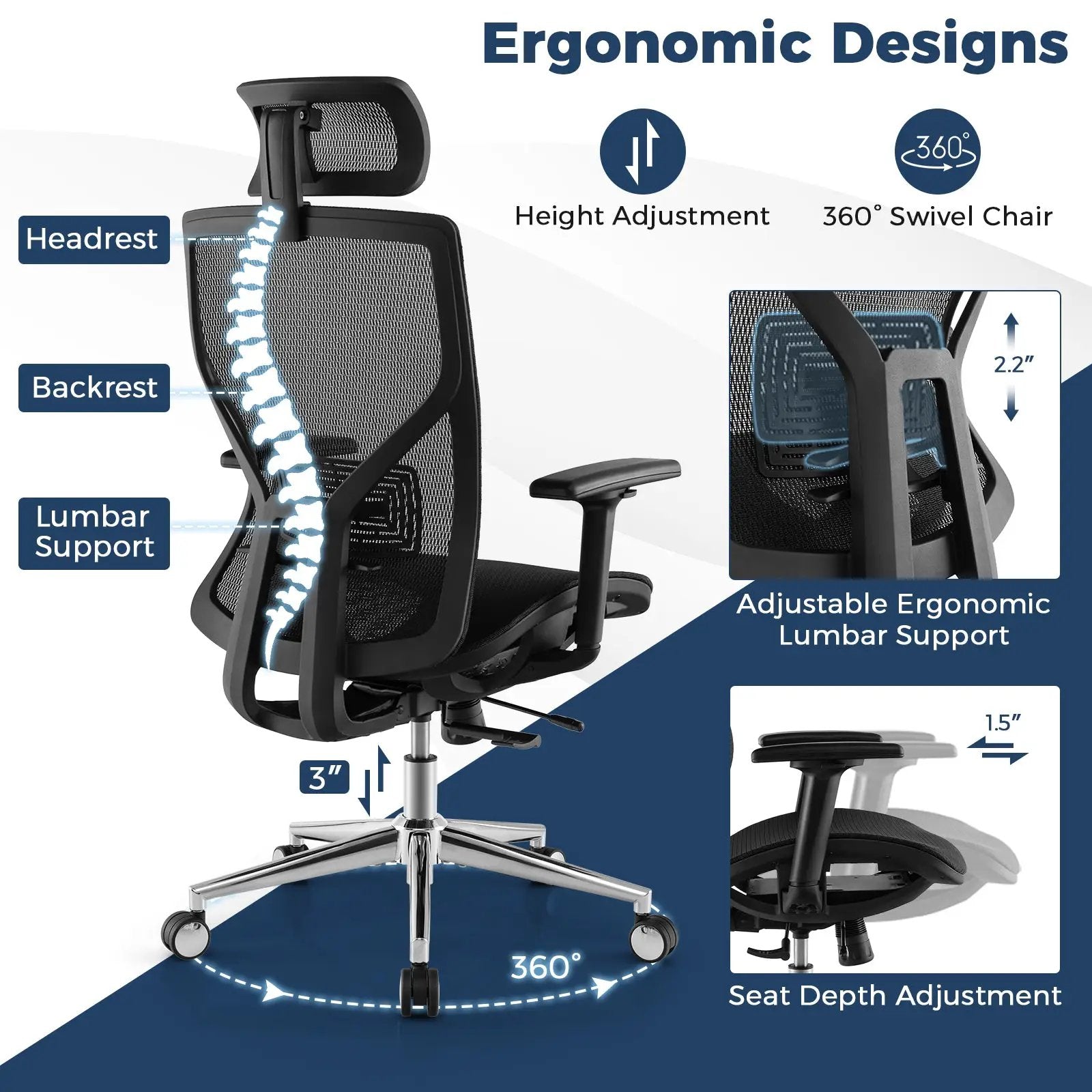 High-Back Mesh Executive Chair with Sliding Seat and Adjustable Lumbar Support by DirectDeals