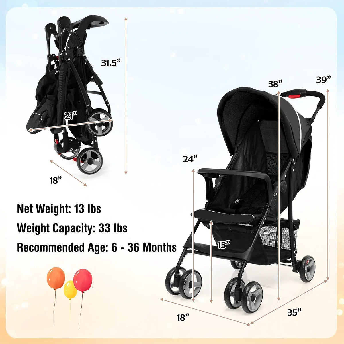 Toddler Travel Stroller for Airplane with Canopy and Adjustable Backrest by DirectDeals