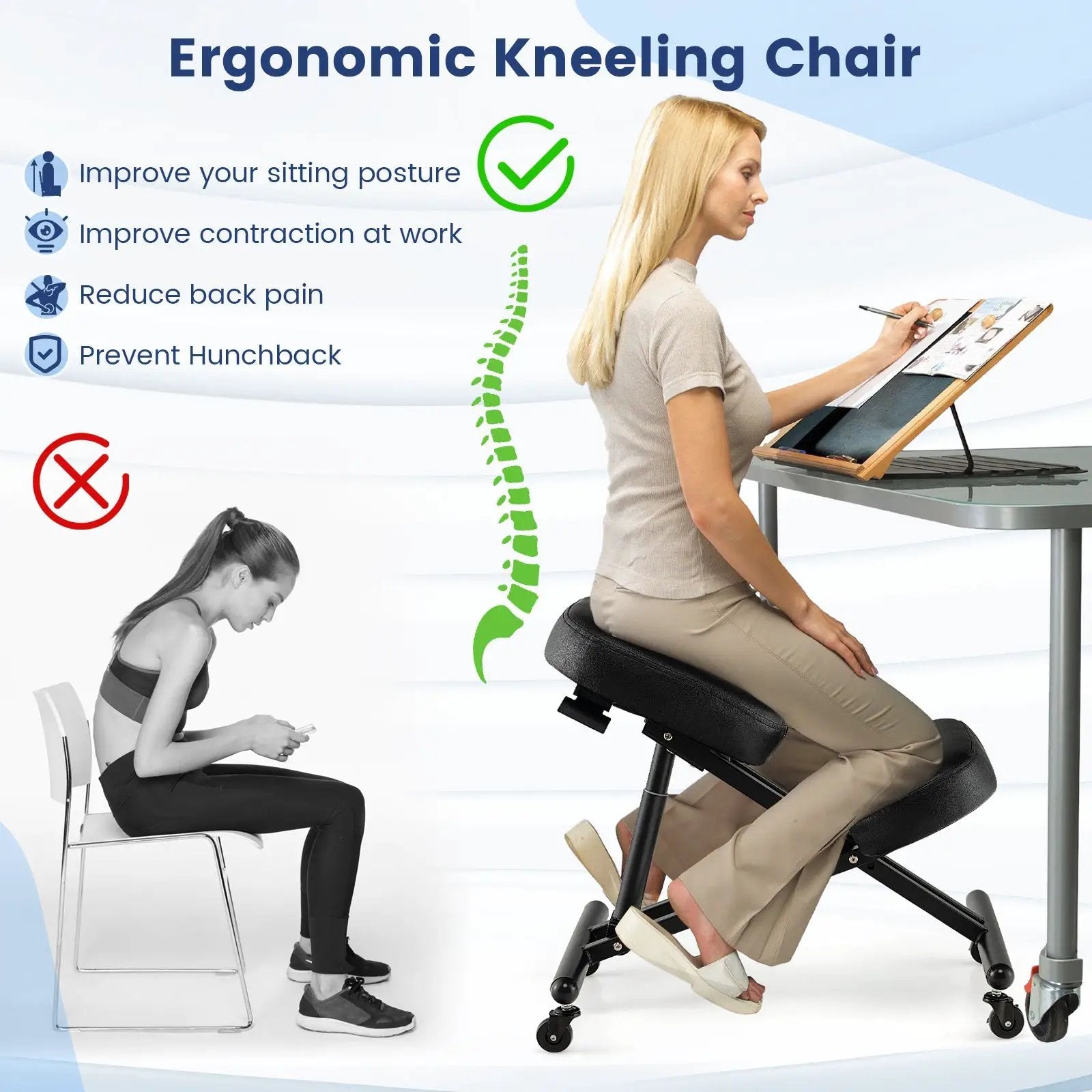 Adjustable Ergonomic Kneeling Chair with Upgraded Gas Spring Rod and Thick Foam Cushions by DirectDeals