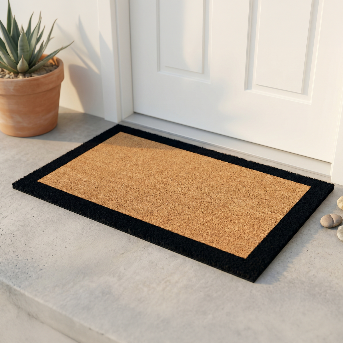 Black Border Coir Doormat, installed in a room