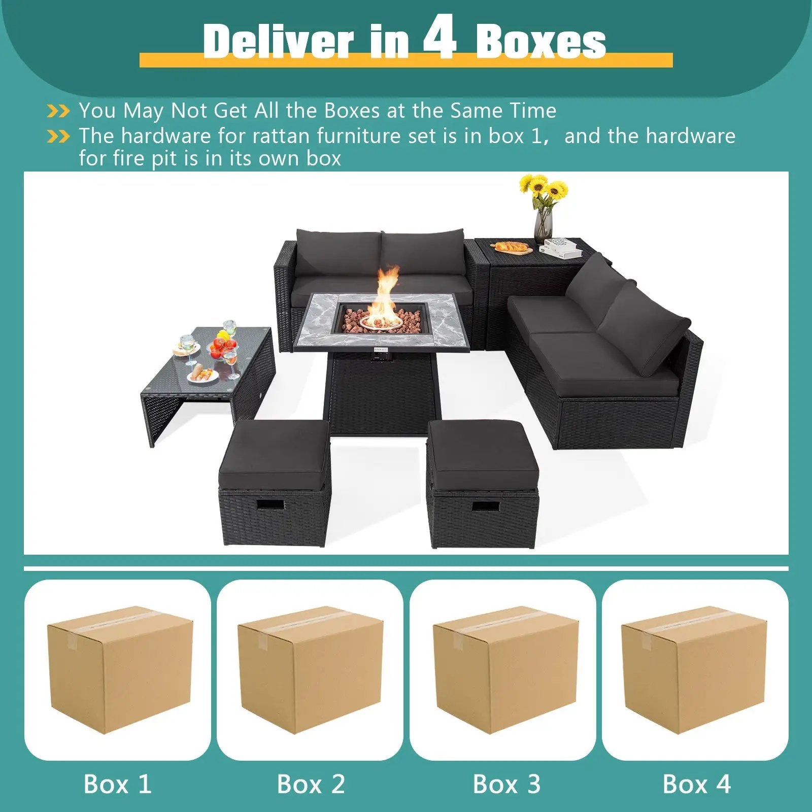 9 Pieces Outdoor Wicker Sectional with 35 Inch Gas Fire Pit Table by DirectDeals