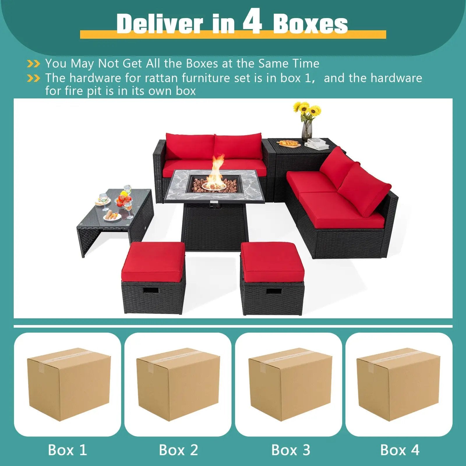9 Pieces Outdoor Wicker Sectional with 35 Inch Gas Fire Pit Table by DirectDeals