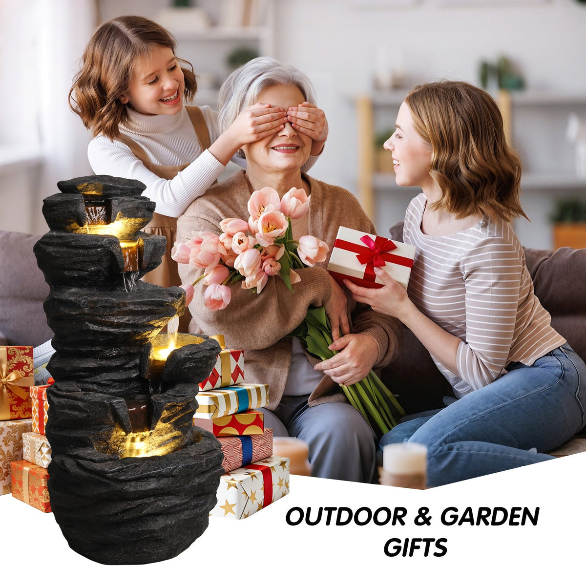 Resin Stacked Rock Fountain Outdoor with LED Lights, detail