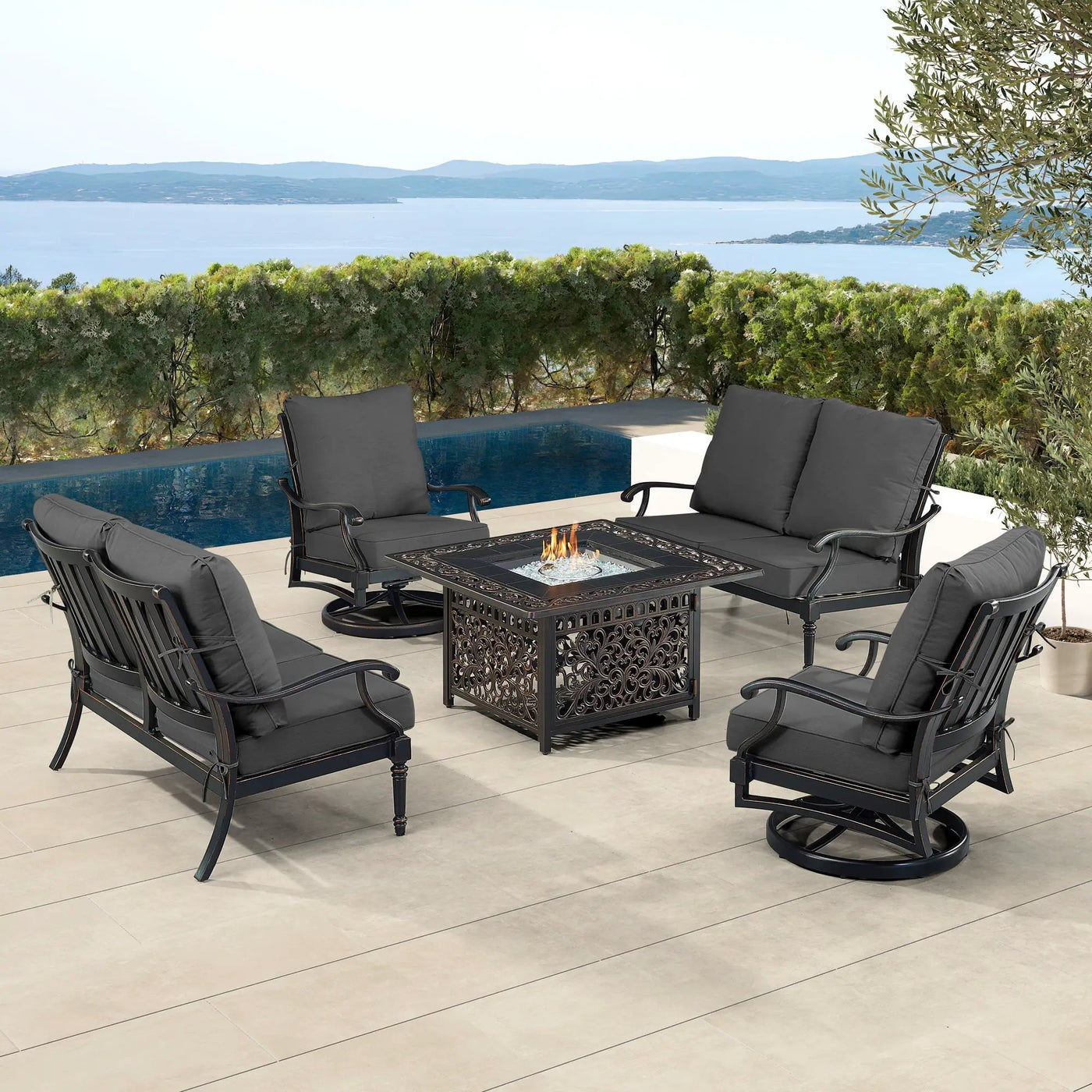 Black Aluminum Fire Table Set with Two Loveseats and Two Club Chairs by Sharicks