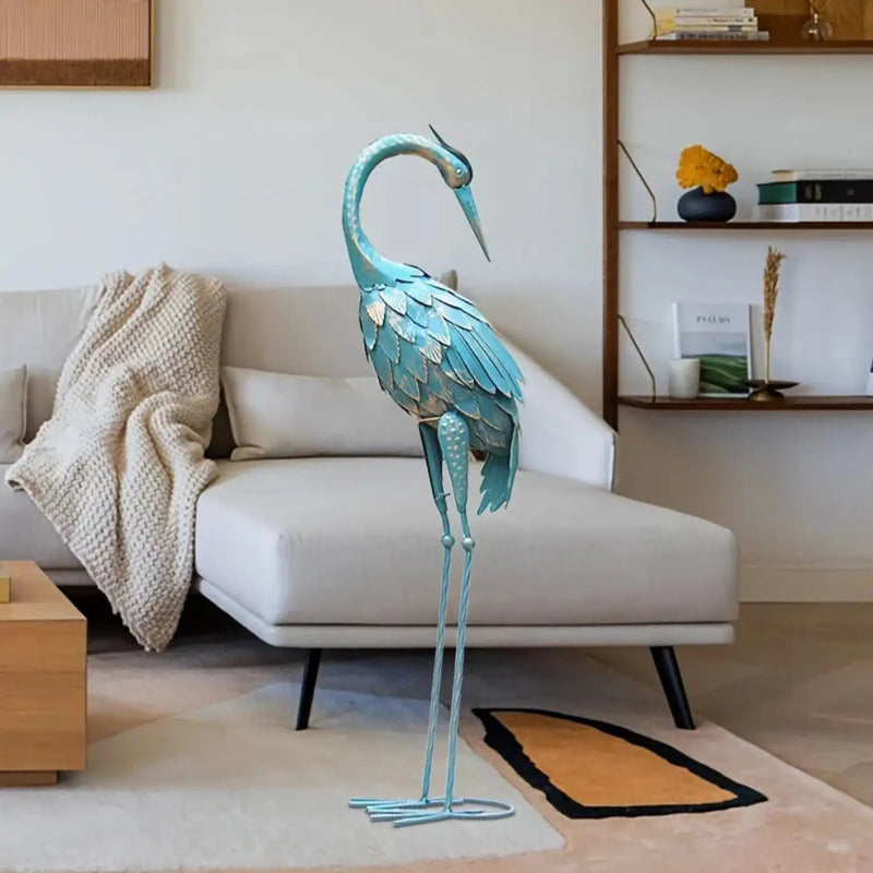 Blue Metal Crane Garden Statue Outdoor Sculpture by House Of Avana