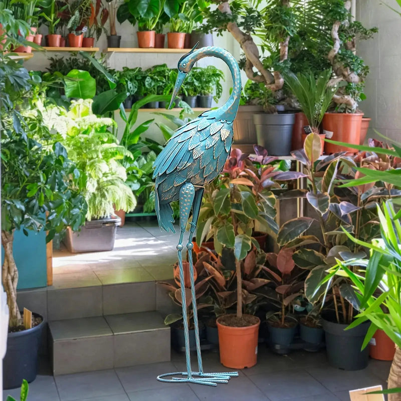 Blue Metal Crane Garden Statue Outdoor Sculpture by House Of Avana