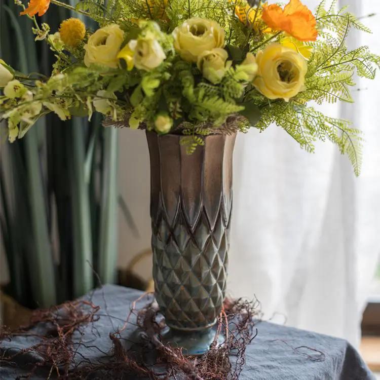 Blue Gold Grid Pattern Glazed Ceramic Vase Collection by RusticReach