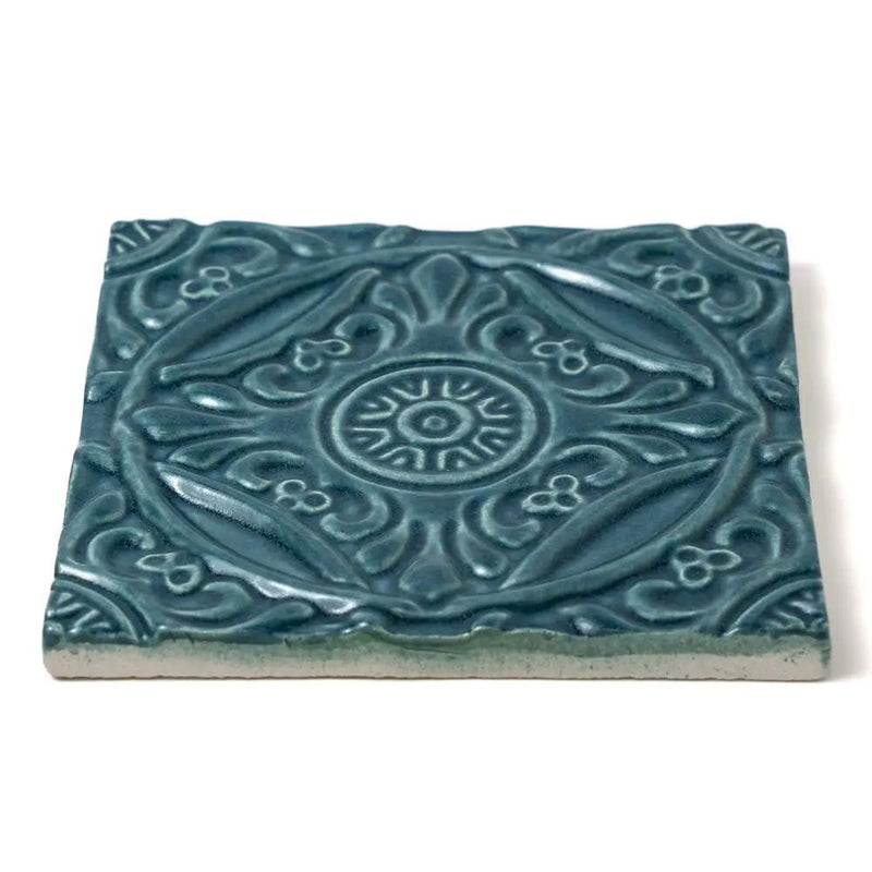 Blue Leather Medallion Ceramic Accent Tiles 6x6 closeup 1