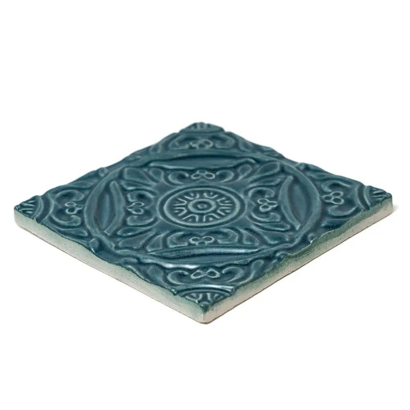 Blue Leather Medallion Ceramic Accent Tiles 6x6 closeup 2