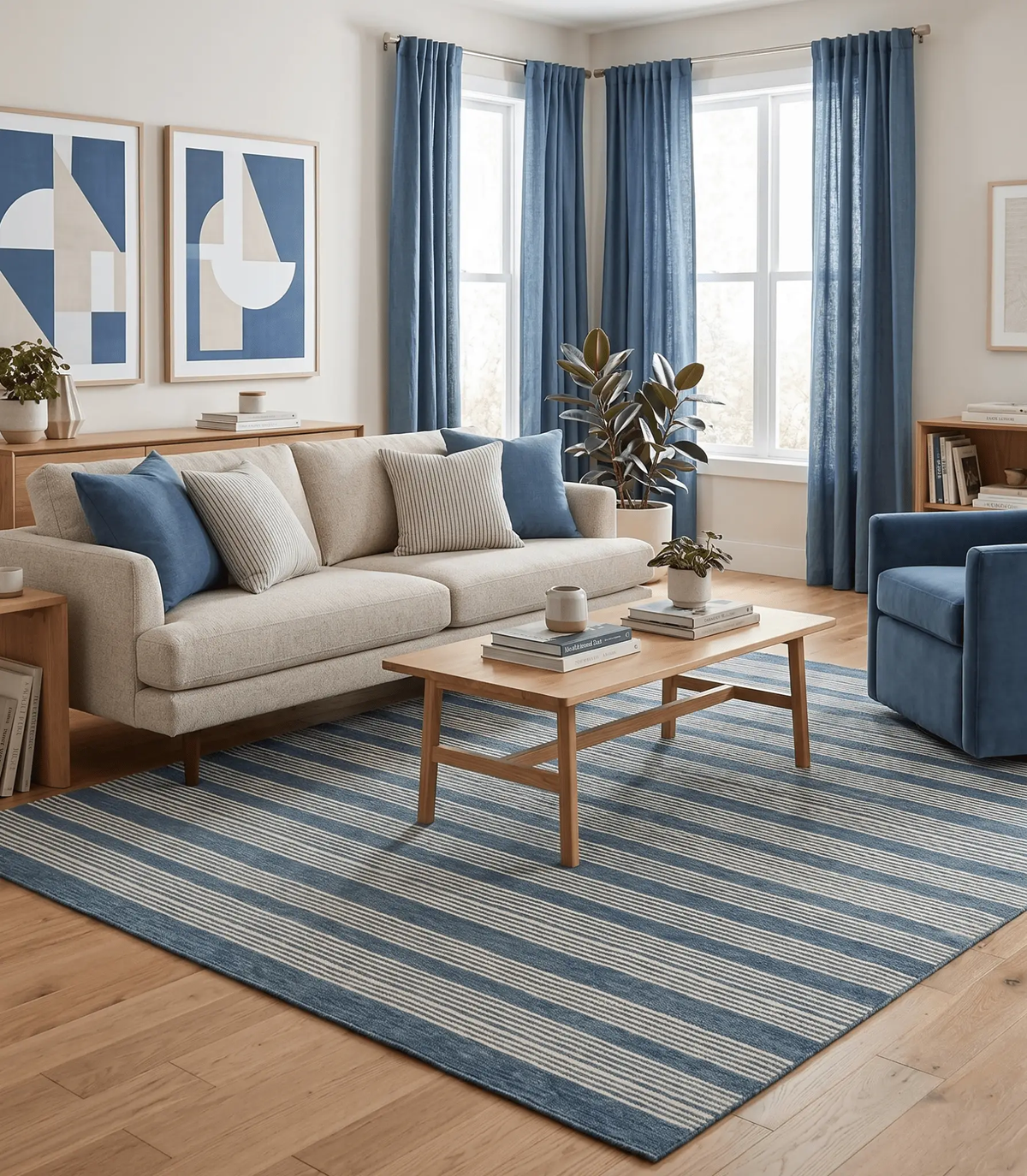 Blue Modern Stripes Pattern Hand Tufted Wool Area Rug by The Rug Decor