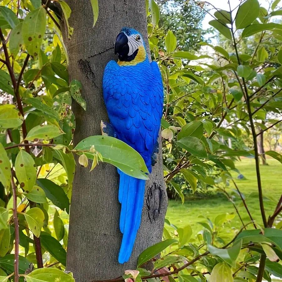 Blue Parrot Garden Statue Handcrafted Outdoor Tree Decor by House Of Avana