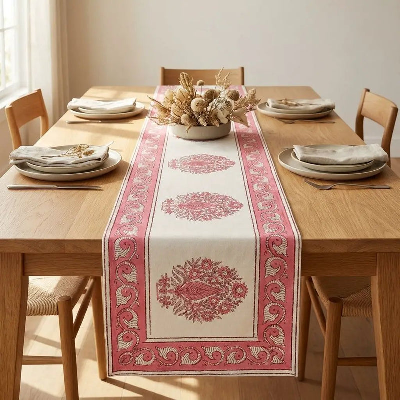 Blush Pink & Ivory Table Linen Set – 13 Pieces | Hand Block Printed Cotton | Runner, Placemats & Napkins by House Of Avana