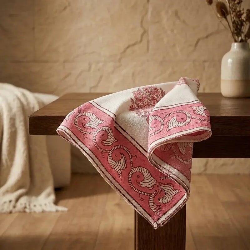 Blush Pink & Ivory Table Linen Set – 13 Pieces | Hand Block Printed Cotton | Runner, Placemats & Napkins by House Of Avana