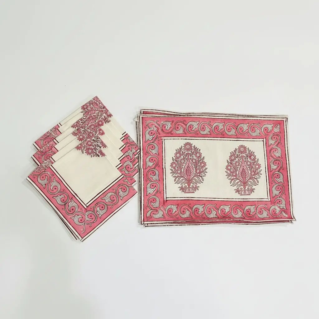Blush Pink & Ivory Table Linen Set – 13 Pieces | Hand Block Printed Cotton | Runner, Placemats & Napkins by House Of Avana